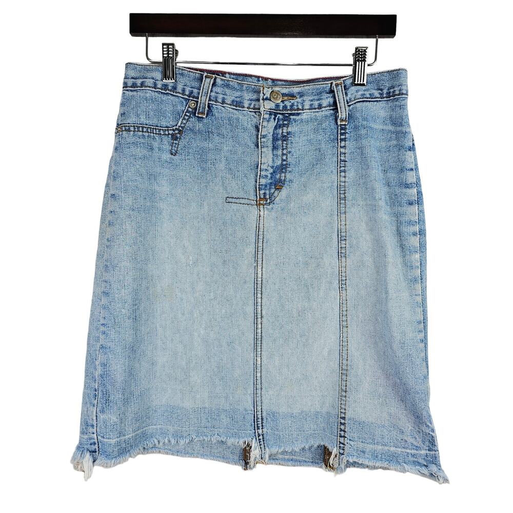 Womens Denim Skirt Size 30 Efecto Cero Uno Color Block Mini Raw Hem SMALL SPOT